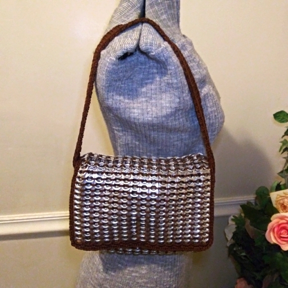Boho One-Of-A-Kind Handmade Silver Soda Tab Trimmed Brown Crocheted Shoulder Bag - Picture 12 of 12